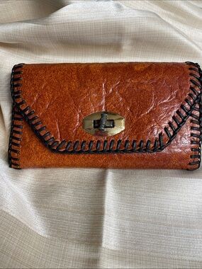 60’s Rust Whipstitched Clutch Wallet/ Vegan Faux Leather Turn-Lock
